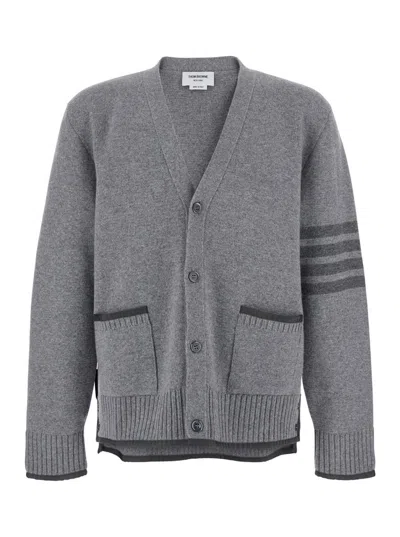 THOM BROWNE GREY CARDIGAN WITH V NECK AND STRIPED DETAIL ON THE SLEEVE IN WOOL MAN