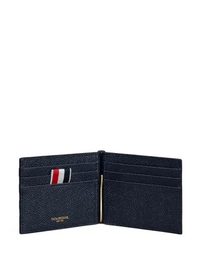 Thom Browne Money Clip Wallet W/ Side 4 Bar Stripes In Pebble Grain Leather In Blue