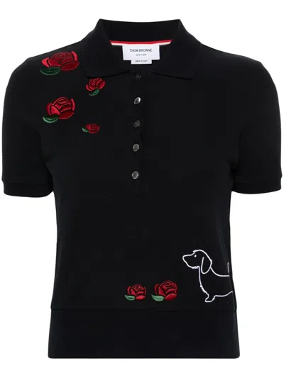 THOM BROWNE MOTIF-EMBROIDERED COTTON POLO TOP