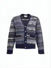 Thom Browne Multi-patterned V-neck Cardigan With Button-down Front In Blue