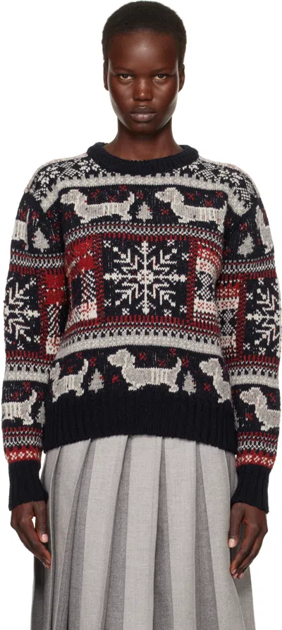 Thom Browne Multicolor Holiday Hector Mohair Crew Neck Sweater In 415 Navy