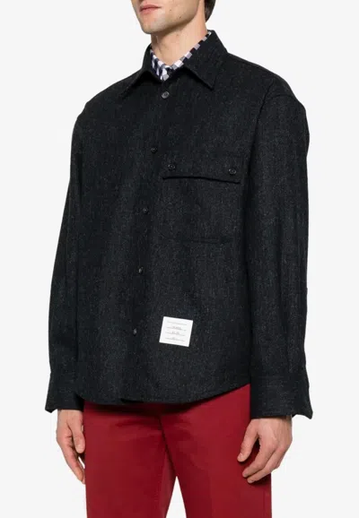 Thom Browne Name Tag Patch Oversized Tweed Shirt In Black