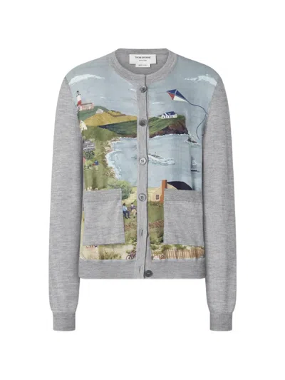 Thom Browne Cropped Cashmere-silk Cardigan With Scenic Print And Buttoned Cuffs In Gray