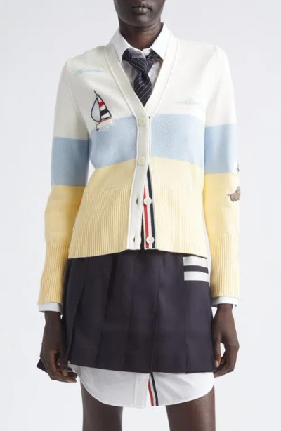 Thom Browne Nantucket Sailboat Embroidered Cotton Cardigan In White