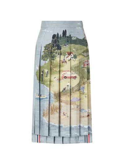 Thom Browne Nantucket Scenic Pleated Midi Skirt In Multi