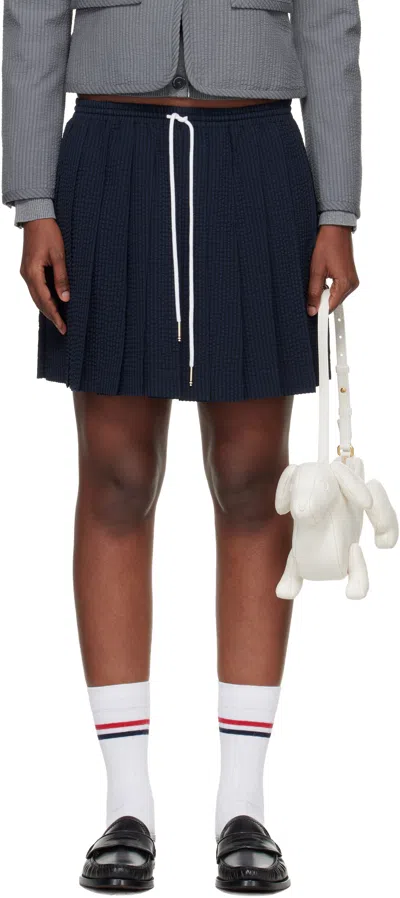 Thom Browne Navy & Black Wool Seersucker Drawstring Pleated Miniskirt In Blue