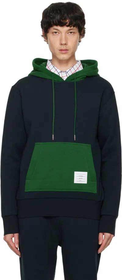 Thom Browne Navy & Green Color Blocked Hoodie In 415 Navy
