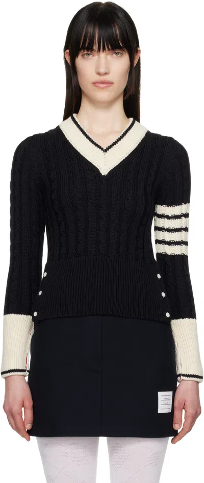 THOM BROWNE NAVY & OFF-WHITE CLASSIC MERINO WOOL V-NECK SWEATER