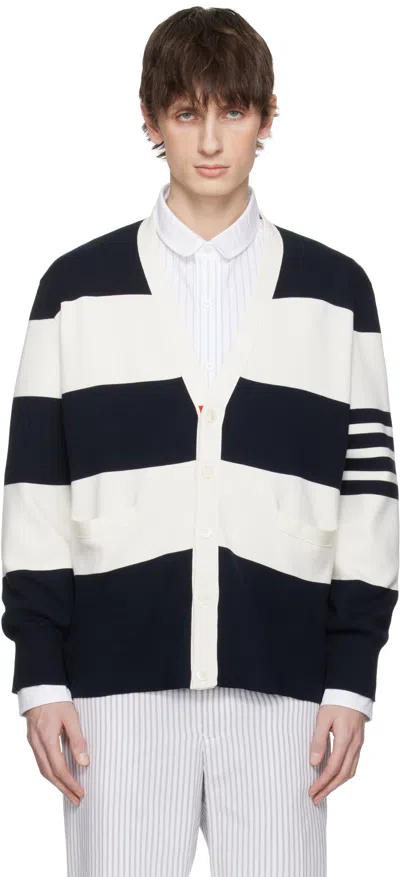 THOM BROWNE NAVY & OFF-WHITE RUGBY STRIPE MILANO STITCH CARDIGAN