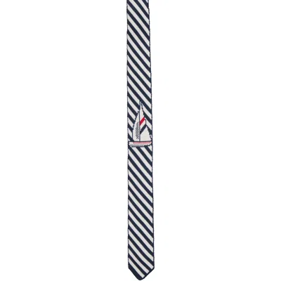 Thom Browne Navy & White Sail Boat Pin Stripe Jacquard Knit Tie In Blue