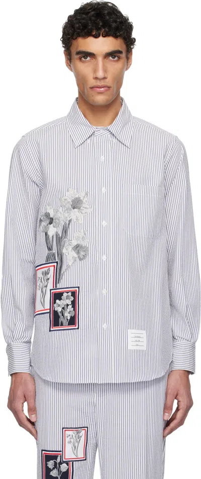 Thom Browne Navy & White Seersucker Framed Floral Shirt In 415 Navy