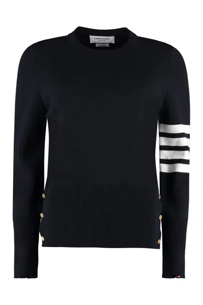 THOM BROWNE NAVY BLUE BLUE CREW-NECK SWEATER IN WOOL