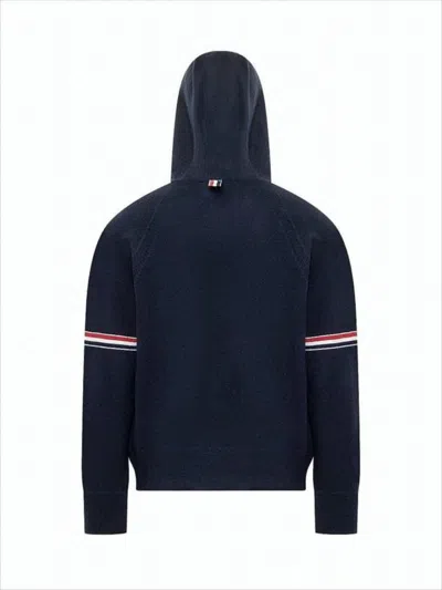 THOM BROWNE NAVY BLUE CASHMERE HOODED JACKET WITH RIBBED CUFFS
