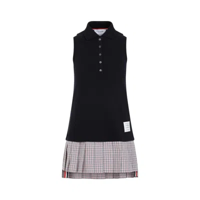 Thom Browne Navy-blue Cotton Mini Pleated Bottom Polo Dress In Black