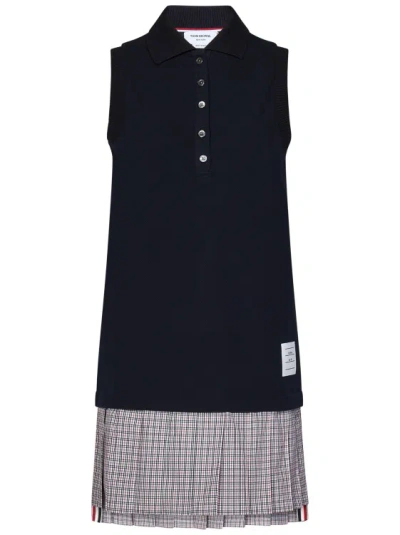 Thom Browne Navy Blue Cotton Pique Sleeveless Polo Dress