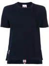 THOM BROWNE NAVY BLUE COTTON PIQUE T-SHIRT WITH TRI-COLOUR STRIPED TRIM FOR WOMEN