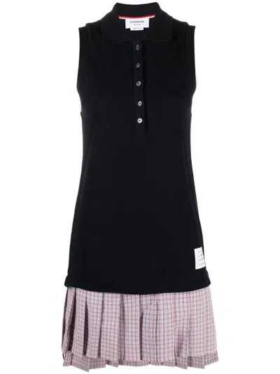 Thom Browne Navy Blue Cotton Polo Dress With Pleated Skirt And Signature Details