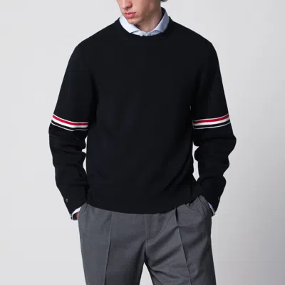 Thom Browne Navy Blue Cotton Sweater With Tricolor Details In Black