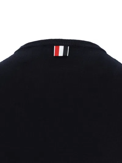 Thom Browne Navy Blue Cotton Sweater With Tricolor Grosgrain Accents