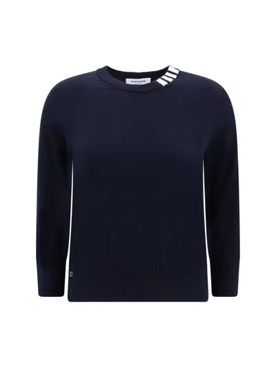 Thom Browne Navy Blue Cotton Sweatshirt With 4 Stripes Crew Neck