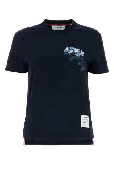 Thom Browne Navy Blue Rose-embroidered Cotton T-shirt