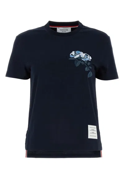 Thom Browne Navy Blue Rose-embroidered Cotton T-shirt