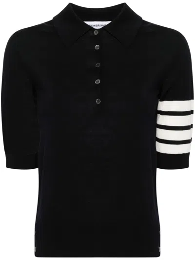 THOM BROWNE NAVY BLUE FINE-KNIT POLO TOP