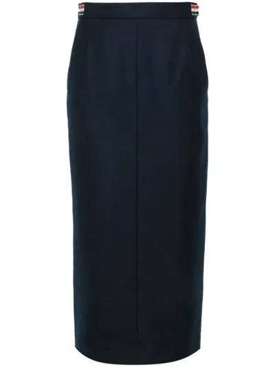 THOM BROWNE NAVY BLUE HIGH-WAIST WOOL MIDI SKIRT