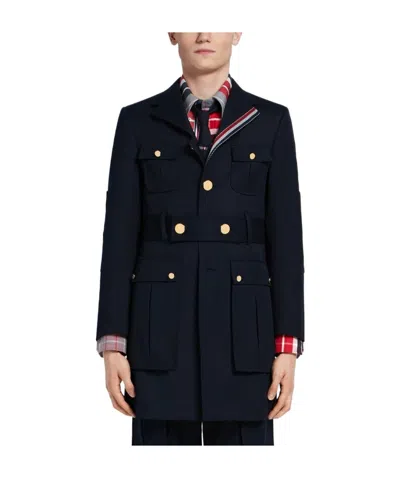 Thom Browne Navy Blue Lapel Coat In Black