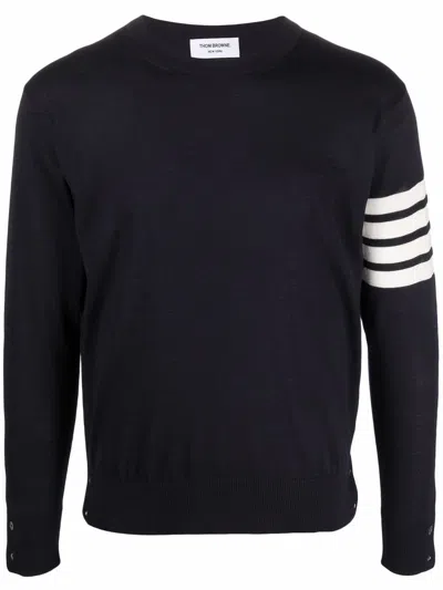 Thom Browne Navy Blue Merino Wool Sweater With Signature Stripes For Men