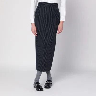 Thom Browne Navy Blue Pinstriped Pencil Skirt In Black