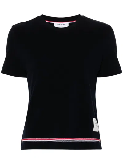 THOM BROWNE NAVY BLUE PIQUE LOGO-PATCH T-SHIRT
