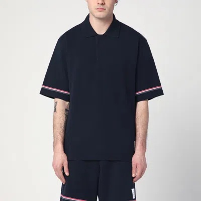 THOM BROWNE THOM BROWNE NAVY BLUE POLO SHIRT WITH TRICOLOUR DETAIL
