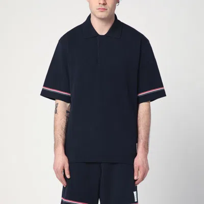 THOM BROWNE THOM BROWNE  NAVY BLUE POLO SHIRT WITH TRICOLOUR DETAIL