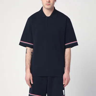 THOM BROWNE NAVY BLUE POLO SHIRT WITH TRICOLOUR DETAIL