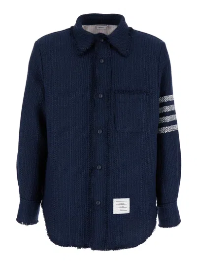 Thom Browne Navy Blue Shirt With Contrasting 4-bar Detail In Tweed Man In Multicolor