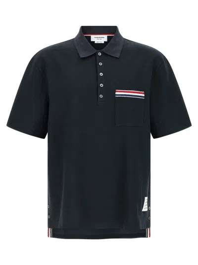 Thom Browne Navy Blue Stripe Embroidery Polo
