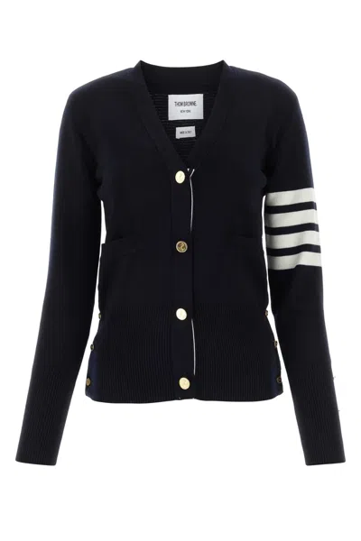 Thom Browne Navy Blue Wool Cardigan In Black