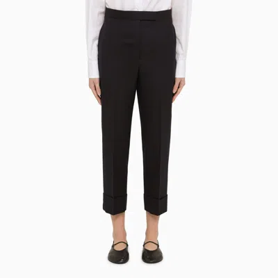 THOM BROWNE NAVY BLUE WOOL TROUSERS WITH LAPELS