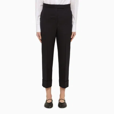 THOM BROWNE NAVY BLUE WOOL TROUSERS WITH LAPELS FOR WOMEN