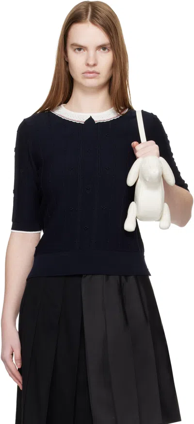 Thom Browne Navy Bobble Stitch Short Sleeve Sweater In Blue