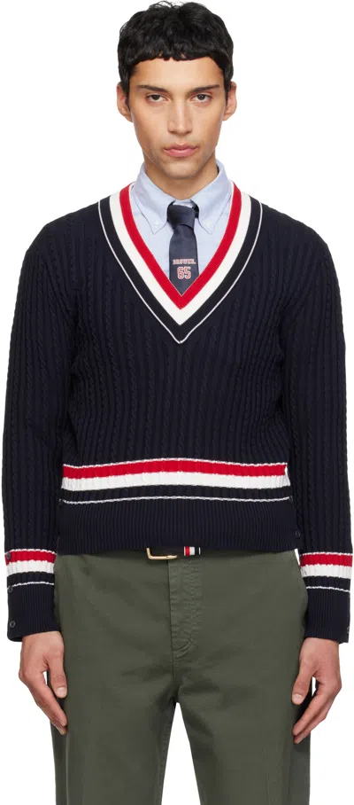 THOM BROWNE NAVY CABLE V NECK SWEATER