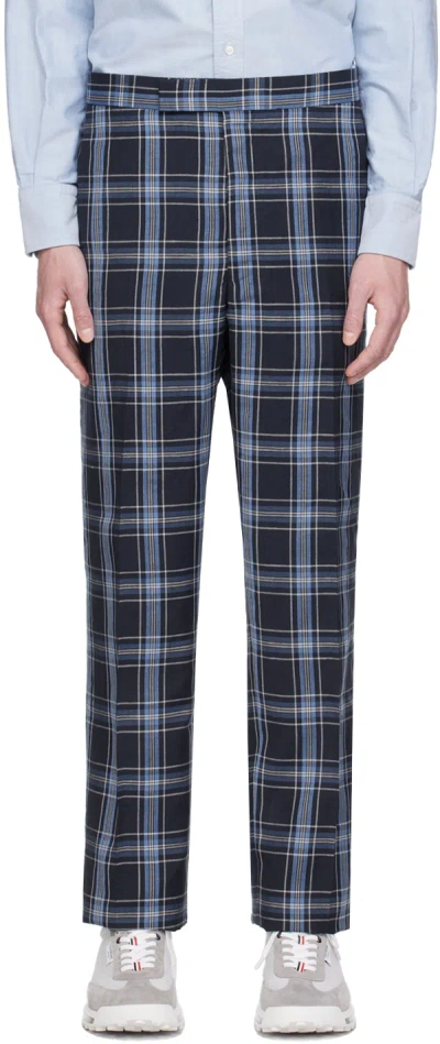 Thom Browne Navy Check Trousers In 410 Dark Navy