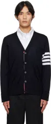 Thom Browne Black Fine Merino Wool V-neck 4-bar Cardigan In Black