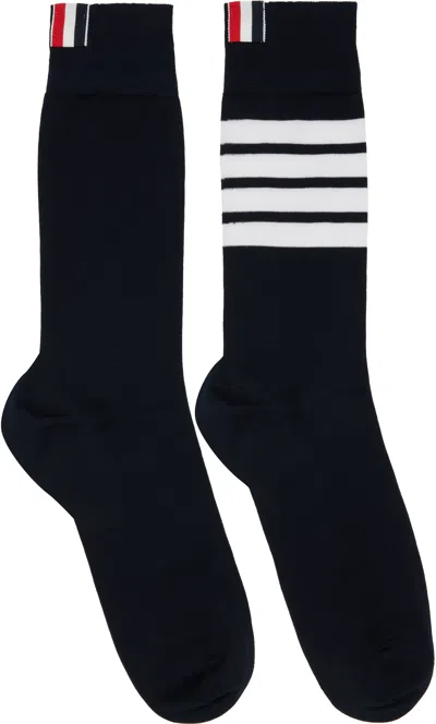 Thom Browne Navy Cotton 4-bar Mid Calf Socks In Blue