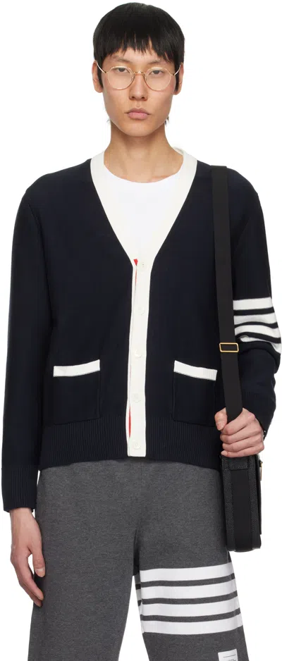 Thom Browne Navy Cotton 4-bar Relaxed Fit Hector V Neck Cardigan In 415 Navy