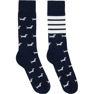 Thom Browne Navy Cotton 4-bar Hector Mid Calf Socks In Black
