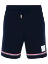 Thom Browne Blue Shorts With Elastic Waist With Drawstring And Rwb Striped Detail In Navy