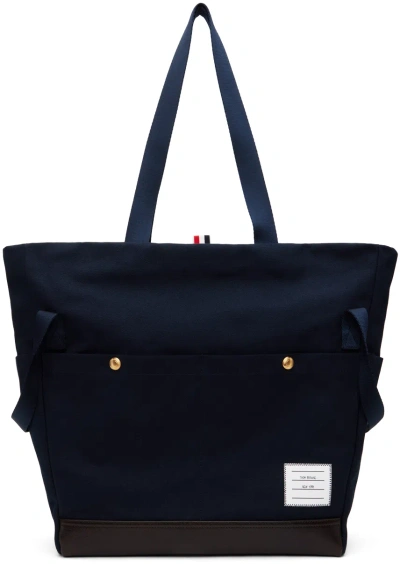 Thom Browne Navy Cotton Canvas Snap Pocket Tote In 415 Navy