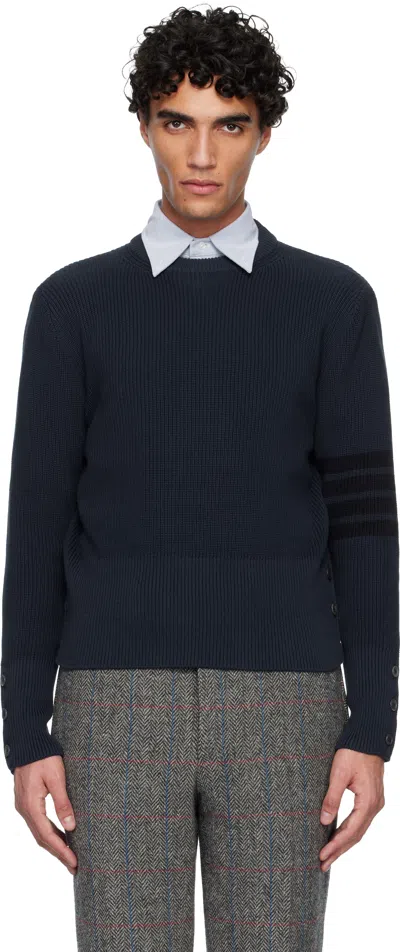 Thom Browne Navy Cotton Cardigan Stitch 4-bar Sweater In Blue